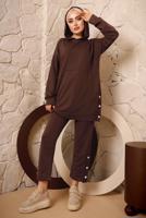 Tesettür giyim KAHVE KAPÜŞONLU DÜĞME DETAYLI İKİLİ PANTOLONLU TAKIM T 3292