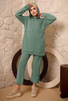 Tesettür giyim YEŞİL KAPÜŞONLU DÜĞME DETAYLI İKİLİ PANTOLONLU TAKIM T 3292