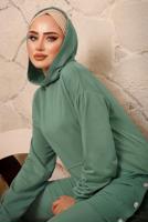 Tesettür giyim YEŞİL KAPÜŞONLU DÜĞME DETAYLI İKİLİ PANTOLONLU TAKIM T 3292