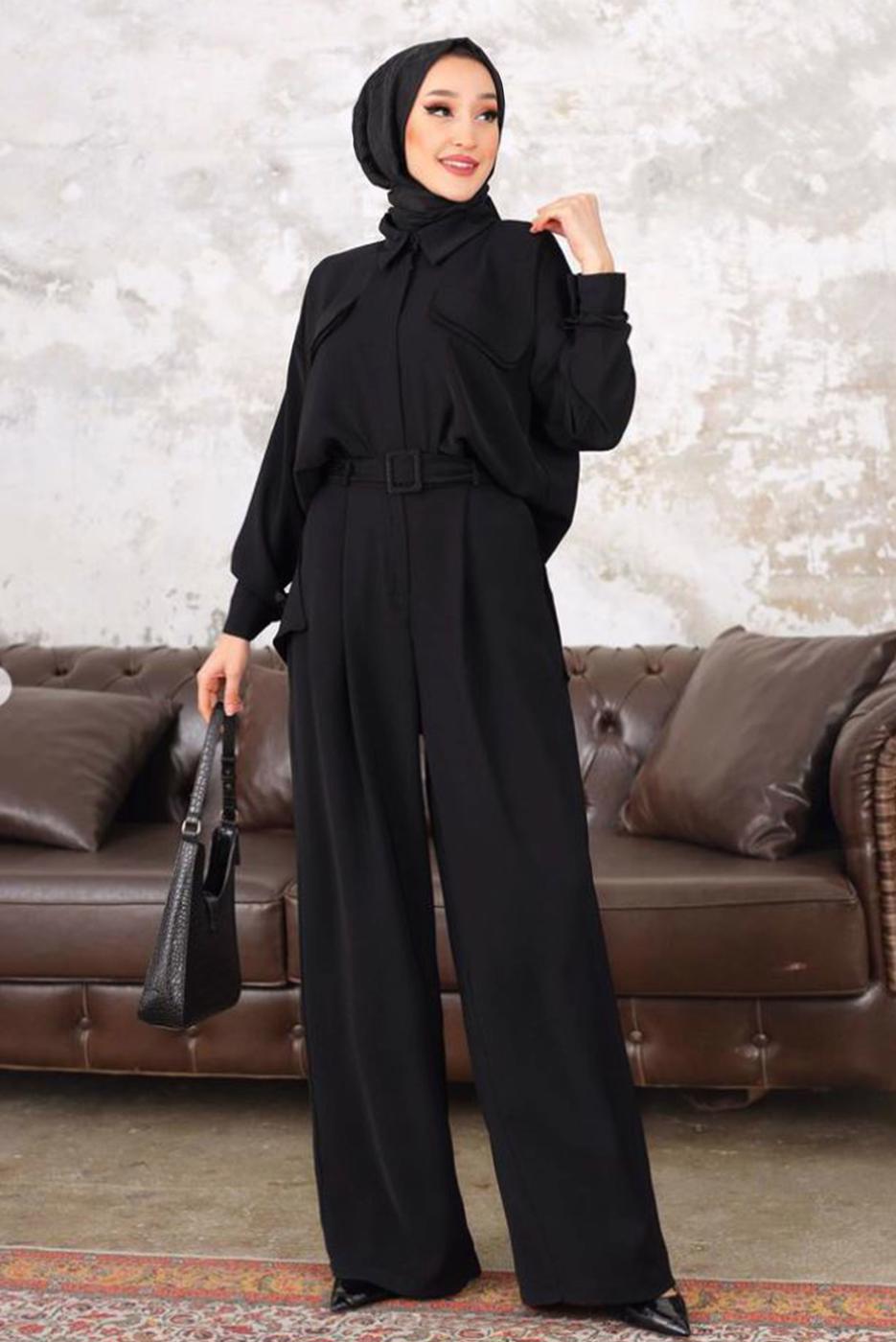Tesettür giyim SİYAH KEMERLİ CEP DETAYLI PANTOLONLU TAKIM T 33006