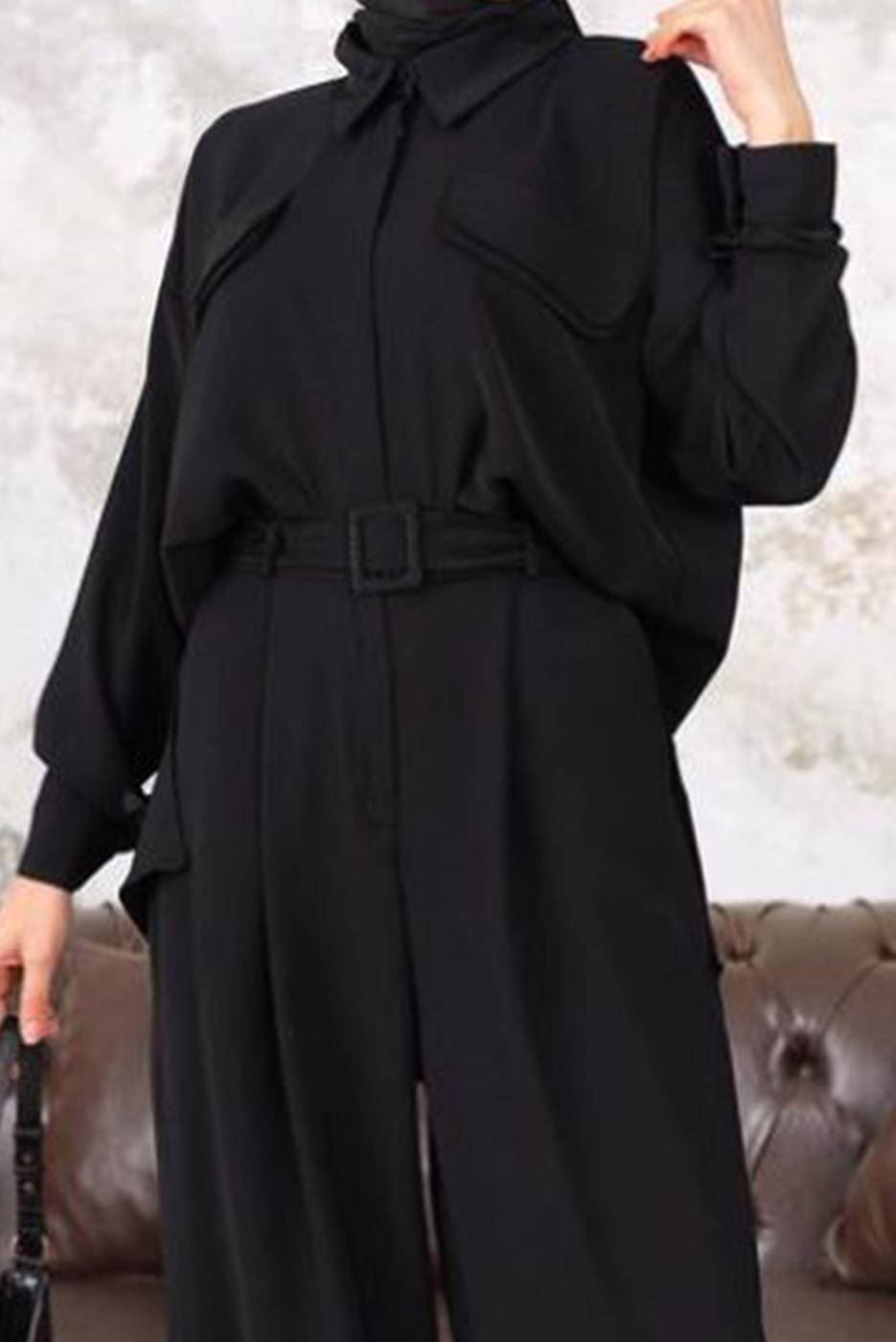 Tesettür giyim SİYAH KEMERLİ CEP DETAYLI PANTOLONLU TAKIM T 33006
