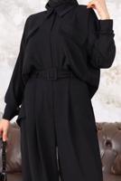 Tesettür giyim SİYAH KEMERLİ CEP DETAYLI PANTOLONLU TAKIM T 33006