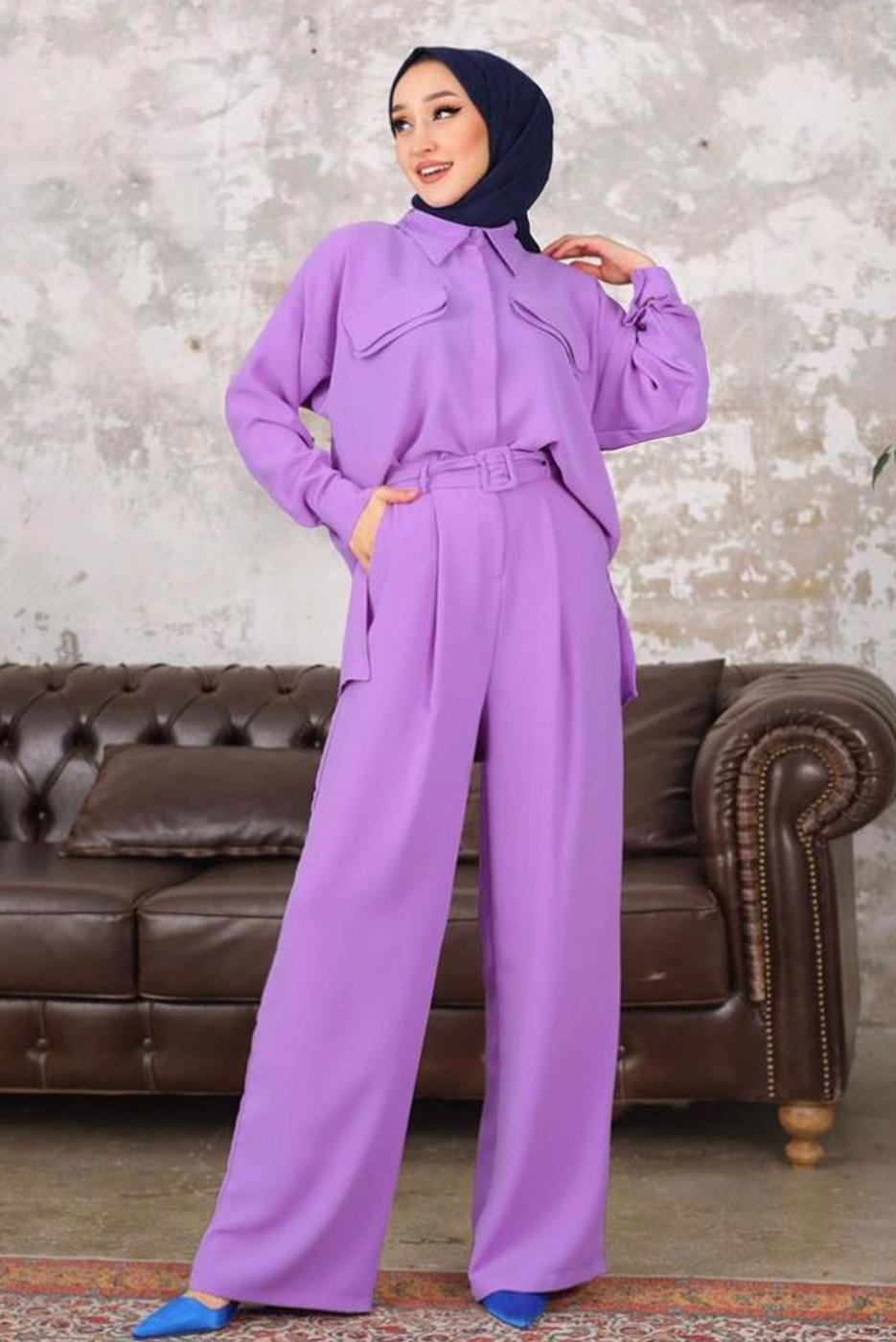 Tesettür giyim MOR KEMERLİ CEP DETAYLI PANTOLONLU TAKIM T 33006