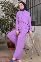 Tesettür giyim MOR KEMERLİ CEP DETAYLI PANTOLONLU TAKIM T 33006