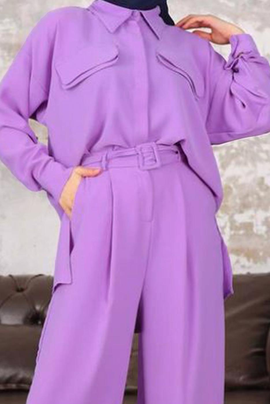 Tesettür giyim MOR KEMERLİ CEP DETAYLI PANTOLONLU TAKIM T 33006