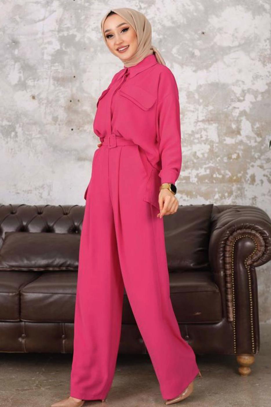 Tesettür giyim FUŞYA KEMERLİ CEP DETAYLI PANTOLONLU TAKIM T 33006