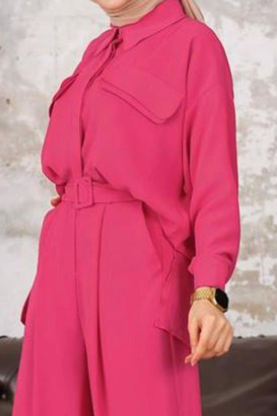 Tesettür giyim FUŞYA KEMERLİ CEP DETAYLI PANTOLONLU TAKIM T 33006