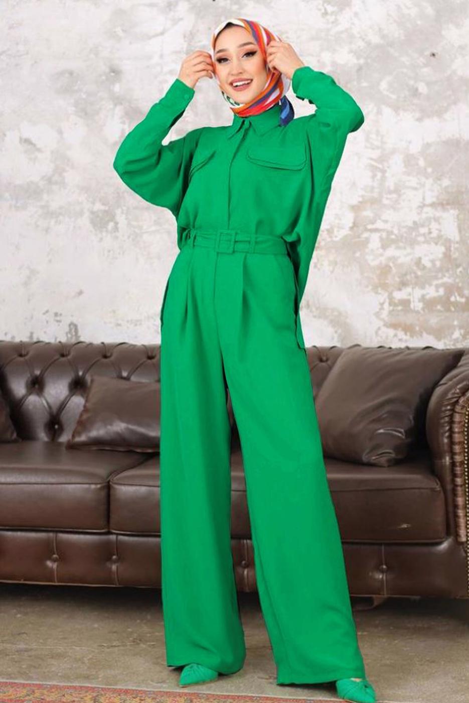 Tesettür giyim YEŞİL KEMERLİ CEP DETAYLI PANTOLONLU TAKIM T 33006
