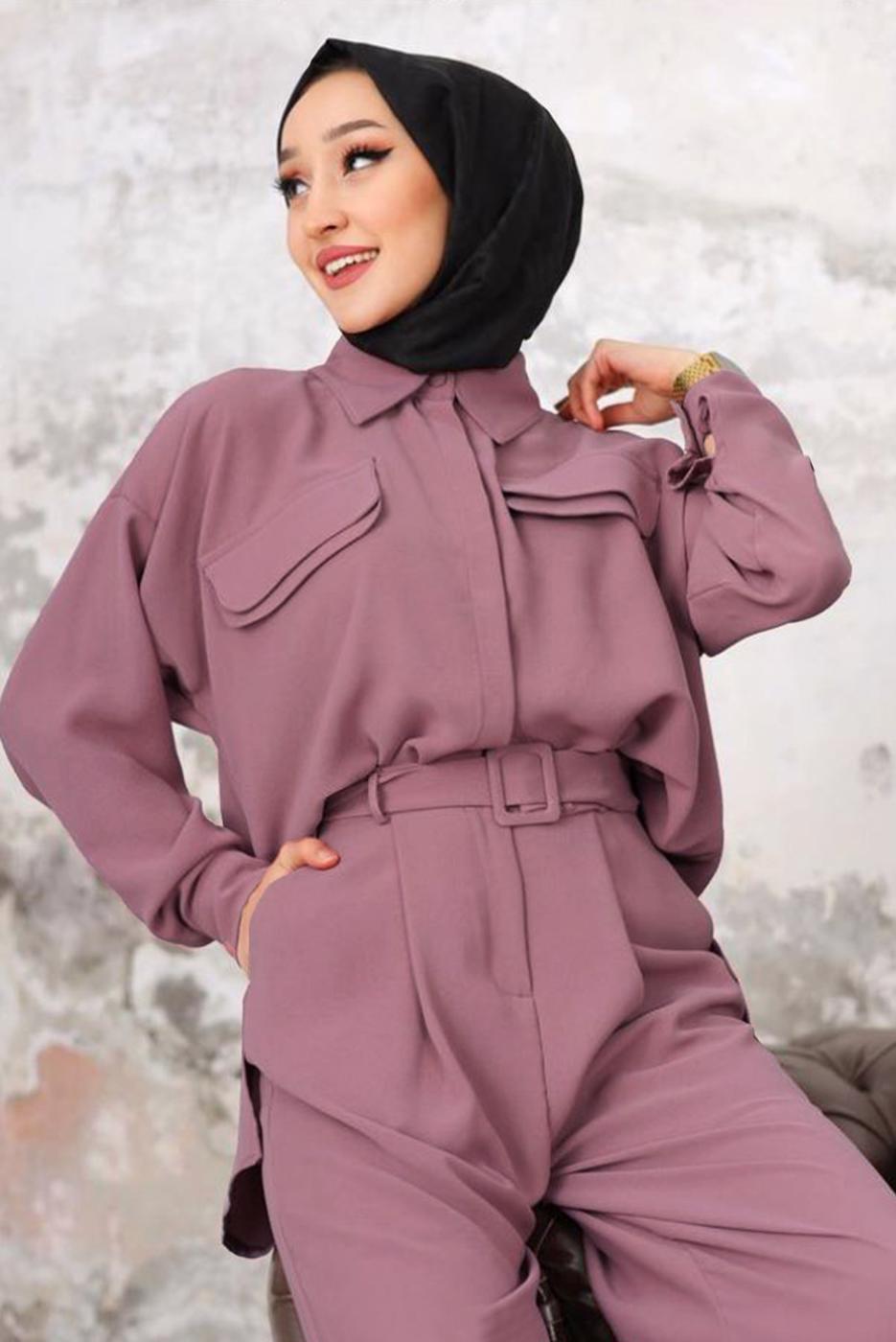 Tesettür giyim PEMBE KEMERLİ CEP DETAYLI PANTOLONLU TAKIM T 33006