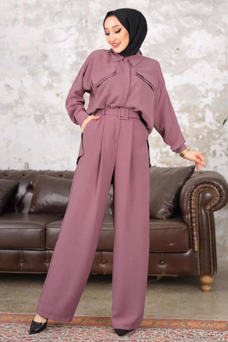 Tesettür giyim PEMBE KEMERLİ CEP DETAYLI PANTOLONLU TAKIM T 33006