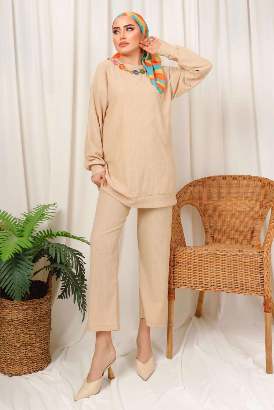 Tesettür giyim BEJ ZİNCİR DETAYLI BELİ LASTİKLİ İKİLİ PANTOLON TAKIM T 3392