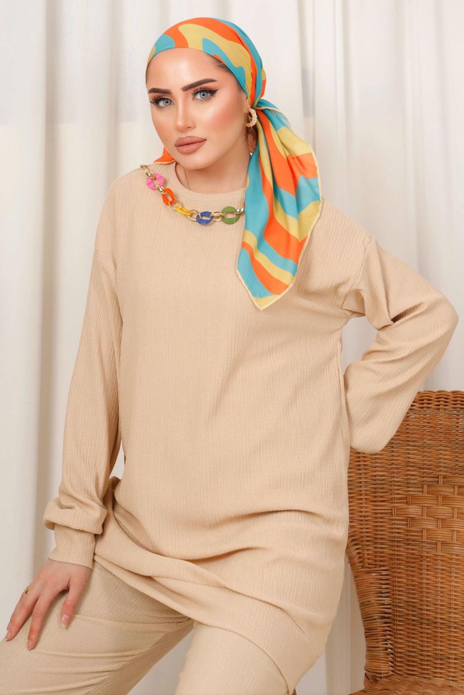 Tesettür giyim BEJ ZİNCİR DETAYLI BELİ LASTİKLİ İKİLİ PANTOLON TAKIM T 3392