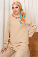 Tesettür giyim BEJ ZİNCİR DETAYLI BELİ LASTİKLİ İKİLİ PANTOLON TAKIM T 3392