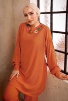 Tesettür giyim TURUNCU ZİNCİR DETAYLI BELİ LASTİKLİ İKİLİ PANTOLON TAKIM T 3392