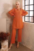 Tesettür giyim TURUNCU ZİNCİR DETAYLI BELİ LASTİKLİ İKİLİ PANTOLON TAKIM T 3392