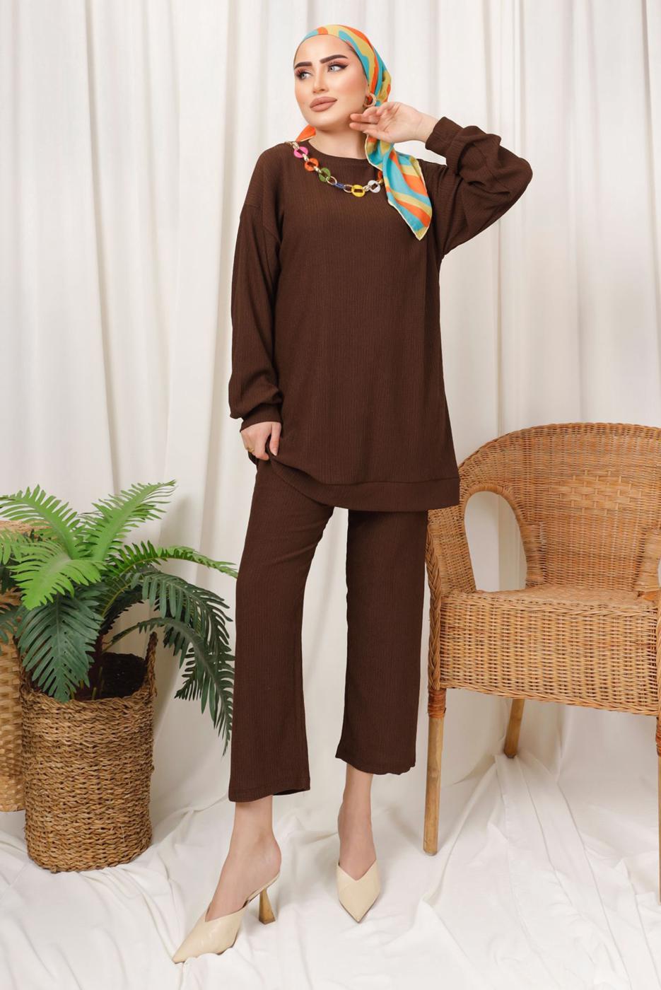 Tesettür giyim KAHVE ZİNCİR DETAYLI BELİ LASTİKLİ İKİLİ PANTOLON TAKIM T 3392
