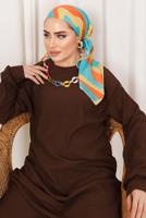 Tesettür giyim KAHVE ZİNCİR DETAYLI BELİ LASTİKLİ İKİLİ PANTOLON TAKIM T 3392