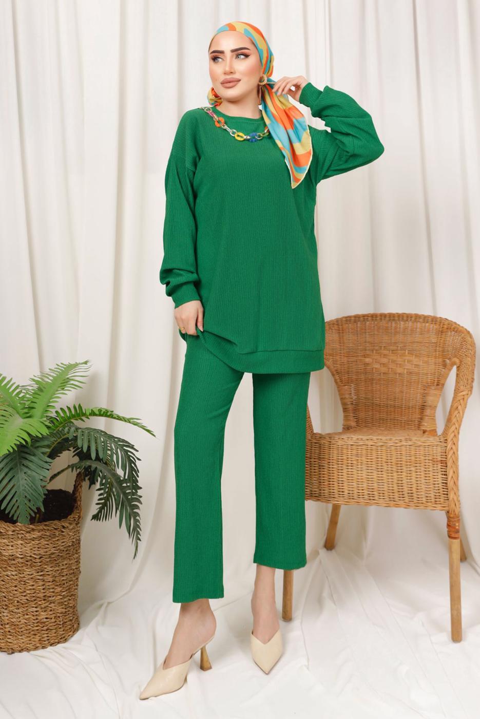 Tesettür giyim YEŞİL ZİNCİR DETAYLI BELİ LASTİKLİ İKİLİ PANTOLON TAKIM T 3392