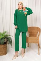 Tesettür giyim YEŞİL ZİNCİR DETAYLI BELİ LASTİKLİ İKİLİ PANTOLON TAKIM T 3392