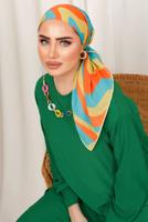 Tesettür giyim YEŞİL ZİNCİR DETAYLI BELİ LASTİKLİ İKİLİ PANTOLON TAKIM T 3392