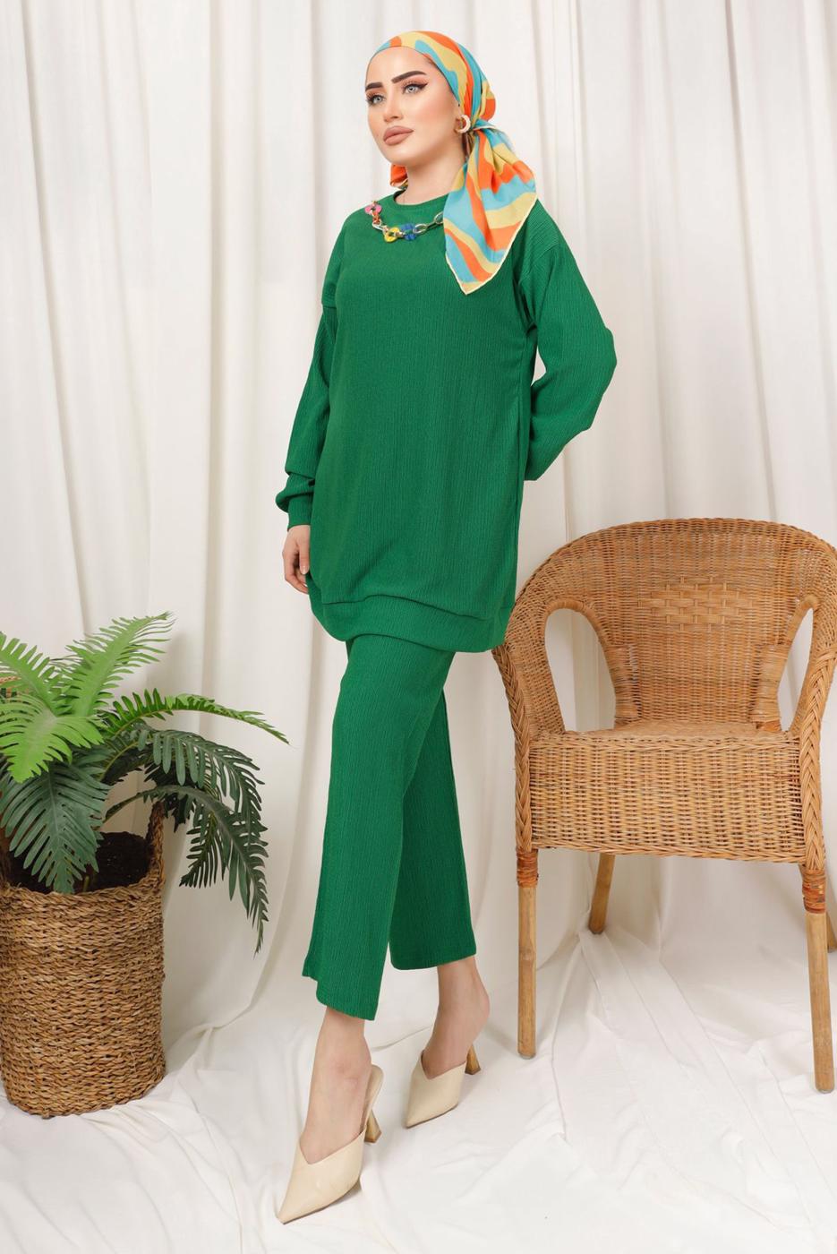 Tesettür giyim YEŞİL ZİNCİR DETAYLI BELİ LASTİKLİ İKİLİ PANTOLON TAKIM T 3392