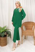 Tesettür giyim YEŞİL ZİNCİR DETAYLI BELİ LASTİKLİ İKİLİ PANTOLON TAKIM T 3392