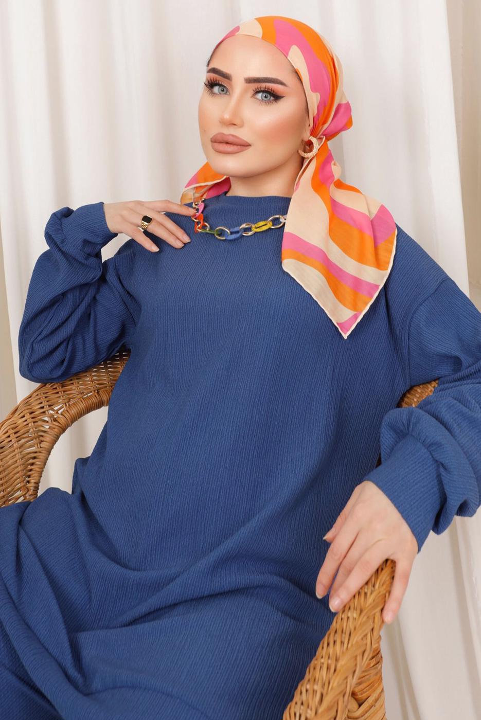 Tesettür giyim LACİVERT ZİNCİR DETAYLI BELİ LASTİKLİ İKİLİ PANTOLON TAKIM T 3392