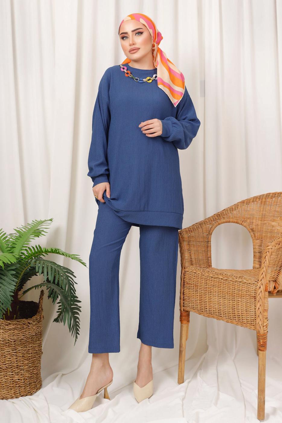 Tesettür giyim LACİVERT ZİNCİR DETAYLI BELİ LASTİKLİ İKİLİ PANTOLON TAKIM T 3392