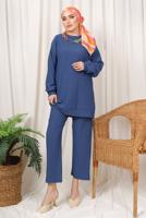 Tesettür giyim LACİVERT ZİNCİR DETAYLI BELİ LASTİKLİ İKİLİ PANTOLON TAKIM T 3392