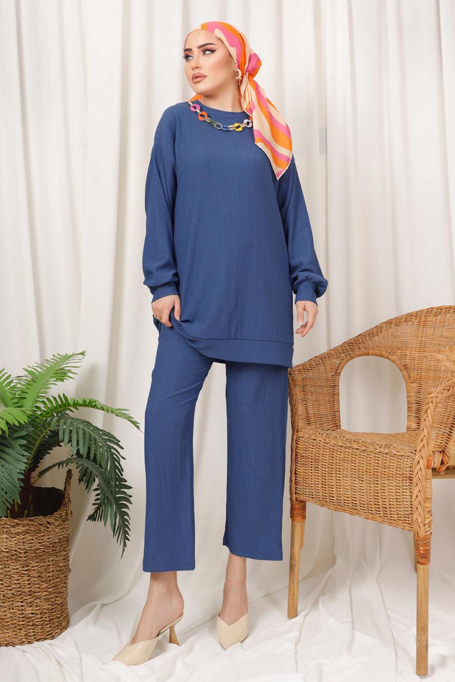 Tesettür giyim LACİVERT ZİNCİR DETAYLI BELİ LASTİKLİ İKİLİ PANTOLON TAKIM T 3392