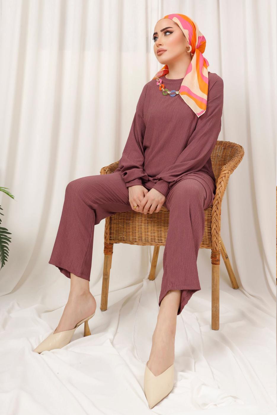 Tesettür giyim PEMBE ZİNCİR DETAYLI BELİ LASTİKLİ İKİLİ PANTOLON TAKIM T 3392