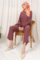 Tesettür giyim PEMBE ZİNCİR DETAYLI BELİ LASTİKLİ İKİLİ PANTOLON TAKIM T 3392