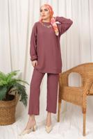 Tesettür giyim PEMBE ZİNCİR DETAYLI BELİ LASTİKLİ İKİLİ PANTOLON TAKIM T 3392