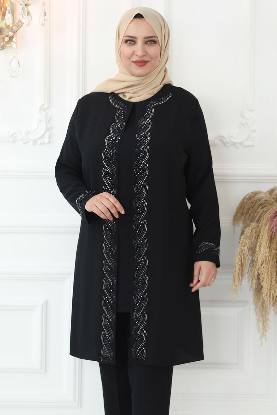 Tesettür giyim SİYAH TAŞ İŞLEMELİ BELİ LASTİKLİ PANTOLONLU TAKIM T 3521