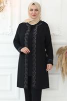 Tesettür giyim SİYAH TAŞ İŞLEMELİ BELİ LASTİKLİ PANTOLONLU TAKIM T 3521