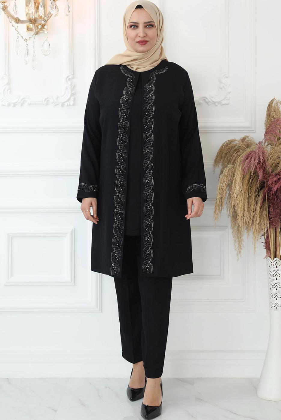 Tesettür giyim SİYAH TAŞ İŞLEMELİ BELİ LASTİKLİ PANTOLONLU TAKIM T 3521