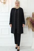 Tesettür giyim SİYAH TAŞ İŞLEMELİ BELİ LASTİKLİ PANTOLONLU TAKIM T 3521