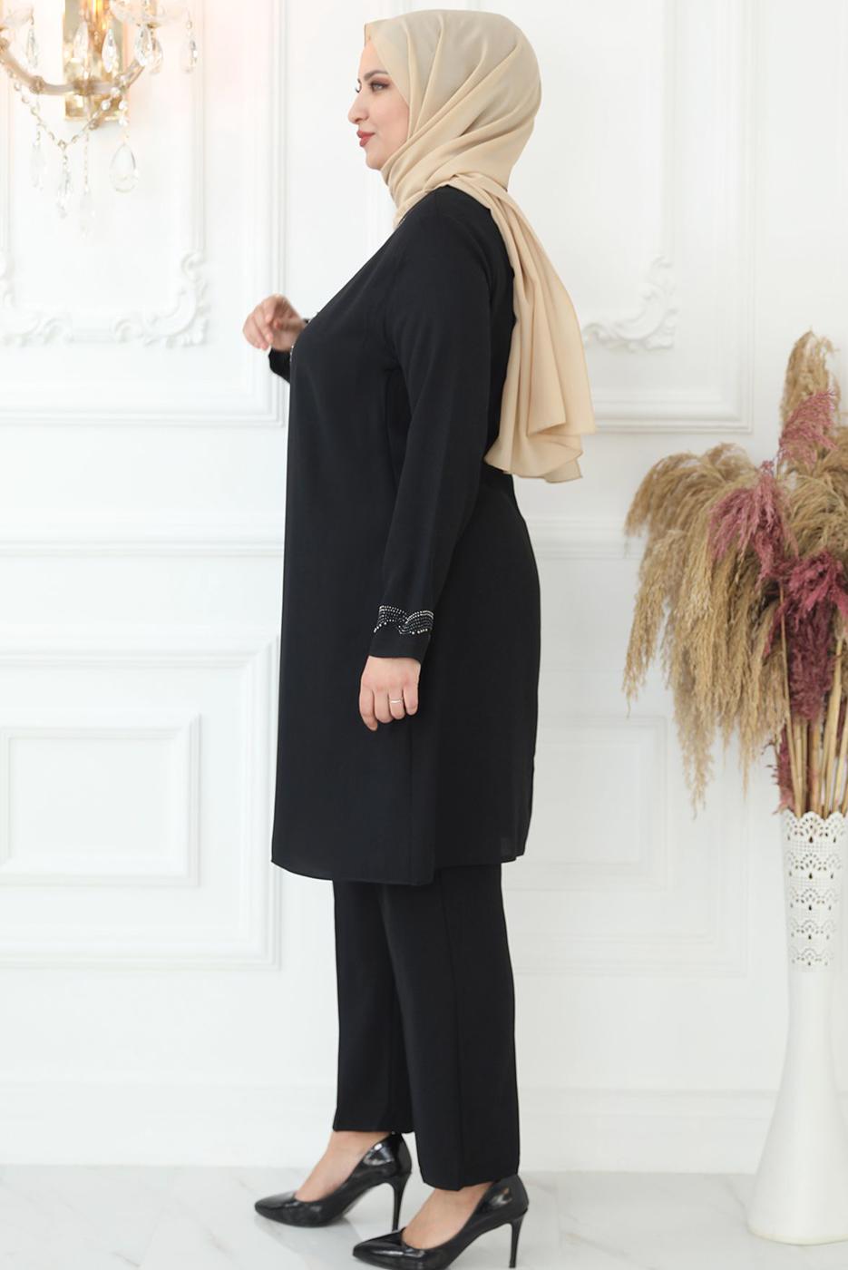 Tesettür giyim SİYAH TAŞ İŞLEMELİ BELİ LASTİKLİ PANTOLONLU TAKIM T 3521