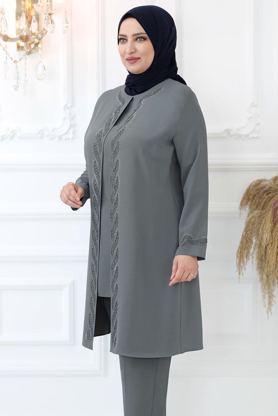 Tesettür giyim GRİ TAŞ İŞLEMELİ BELİ LASTİKLİ PANTOLONLU TAKIM T 3521