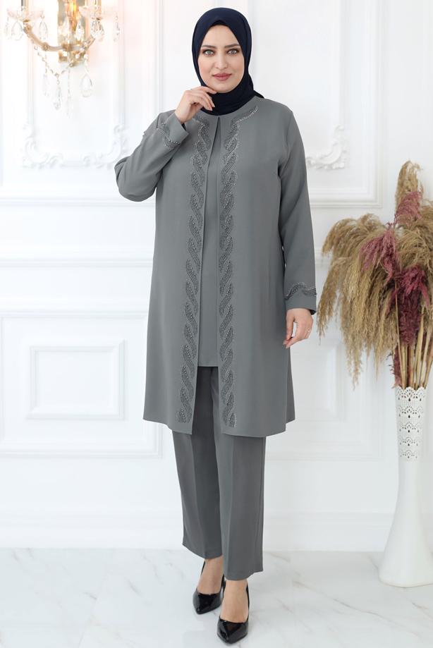 Tesettür giyim GRİ TAŞ İŞLEMELİ BELİ LASTİKLİ PANTOLONLU TAKIM T 3521 - TRENDTESETTÜR