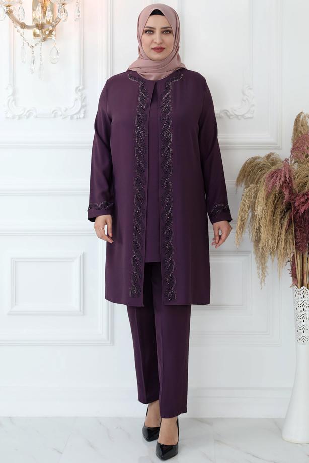 Hijab clothing PLUM GEM EMBROIDERED PANTS SUIT WITH ELASTIC WAIST T 3521 - TRENDTESETTÜR