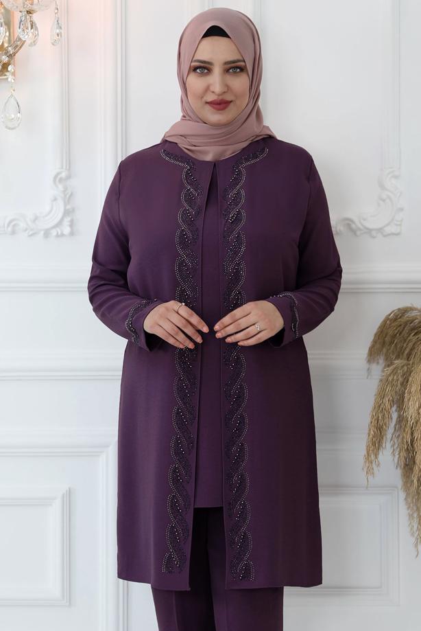 Hijab clothing PLUM GEM EMBROIDERED PANTS SUIT WITH ELASTIC WAIST T 3521 - TRENDTESETTÜR
