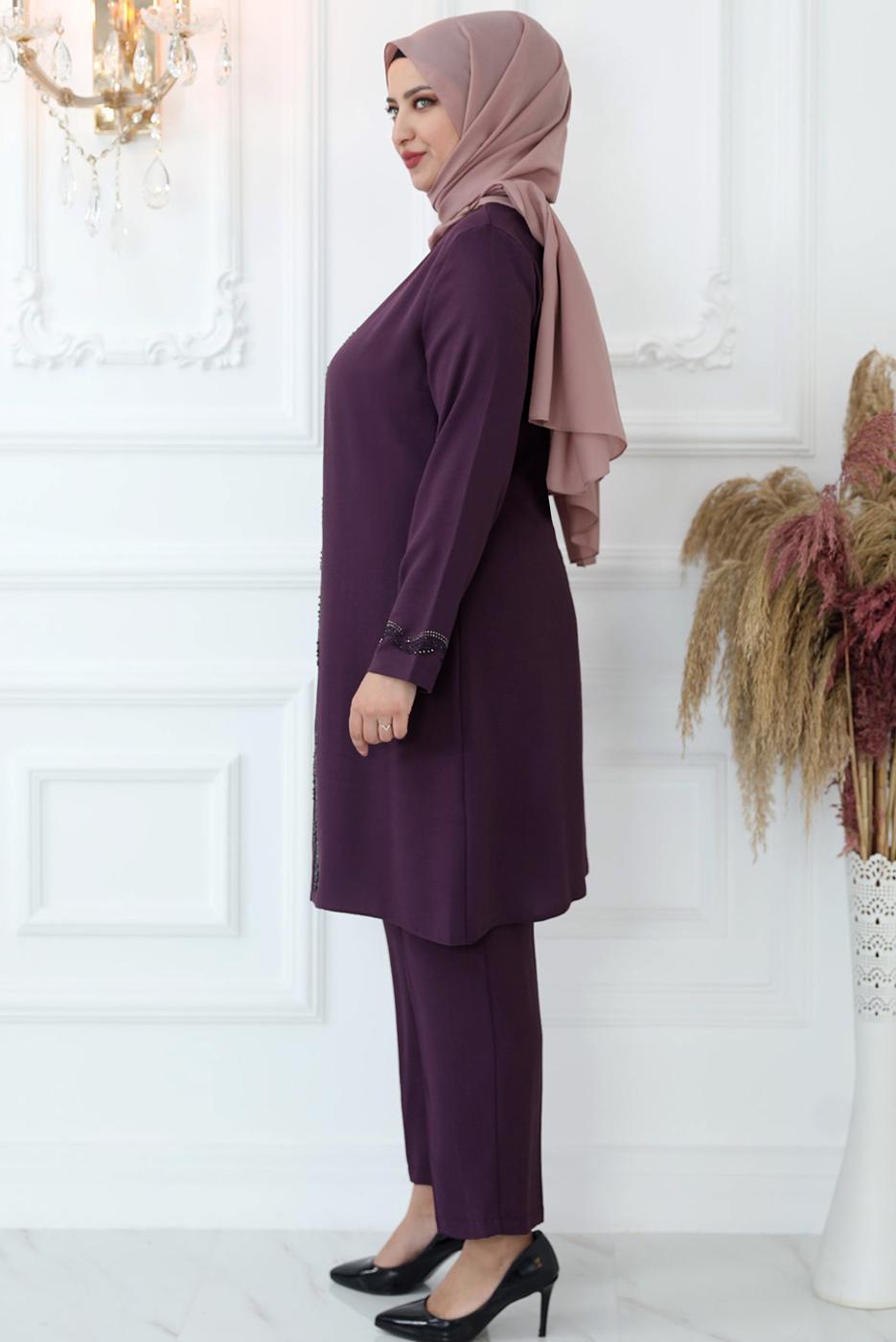 Vêtements hijab PRUNE COSTUME PANTALON BRODÉ GEM AVEC TAILLE ÉLASTIQUE T 3521
