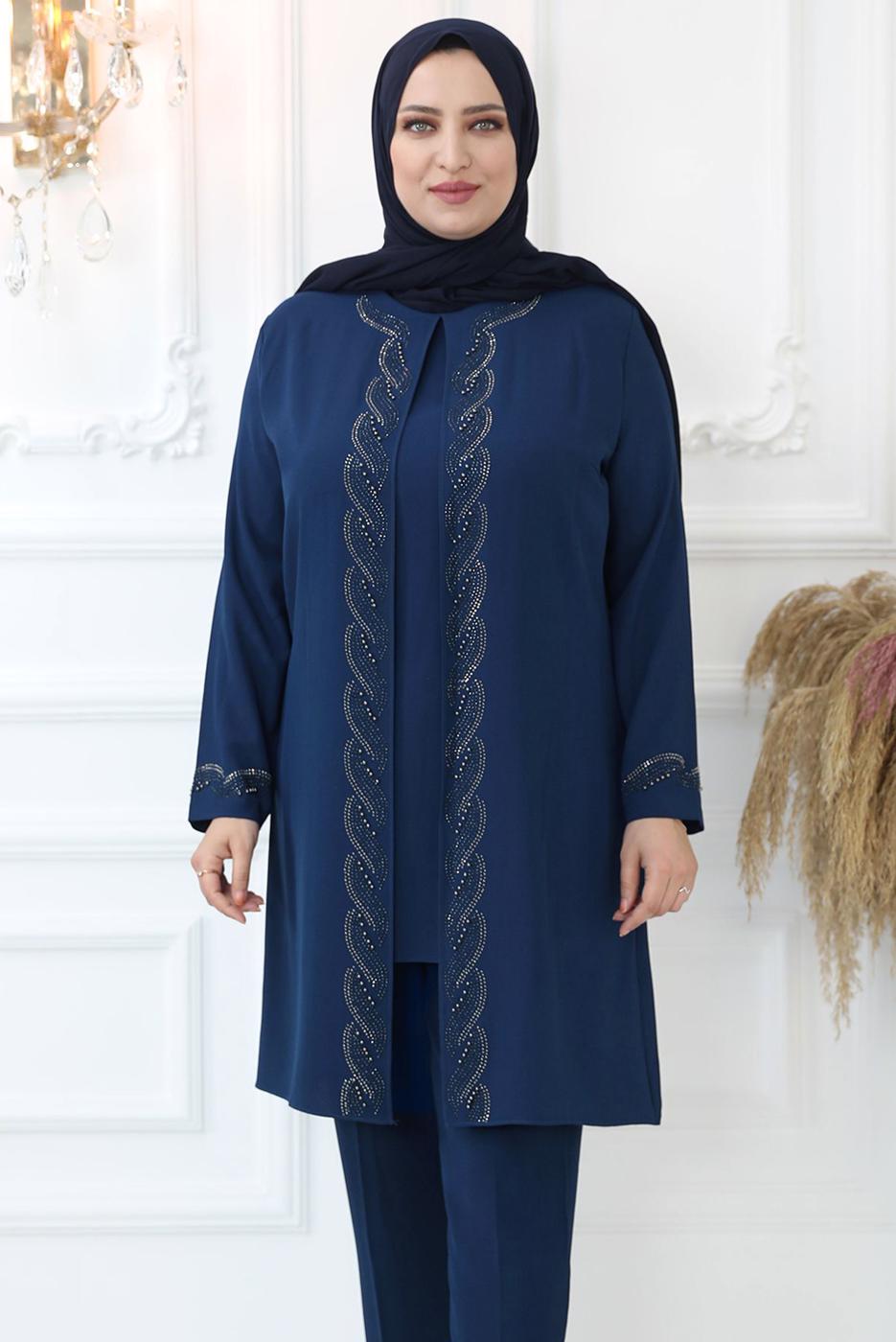 Tesettür giyim LACİVERT TAŞ İŞLEMELİ BELİ LASTİKLİ PANTOLONLU TAKIM T 3521