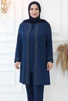 Tesettür giyim LACİVERT TAŞ İŞLEMELİ BELİ LASTİKLİ PANTOLONLU TAKIM T 3521