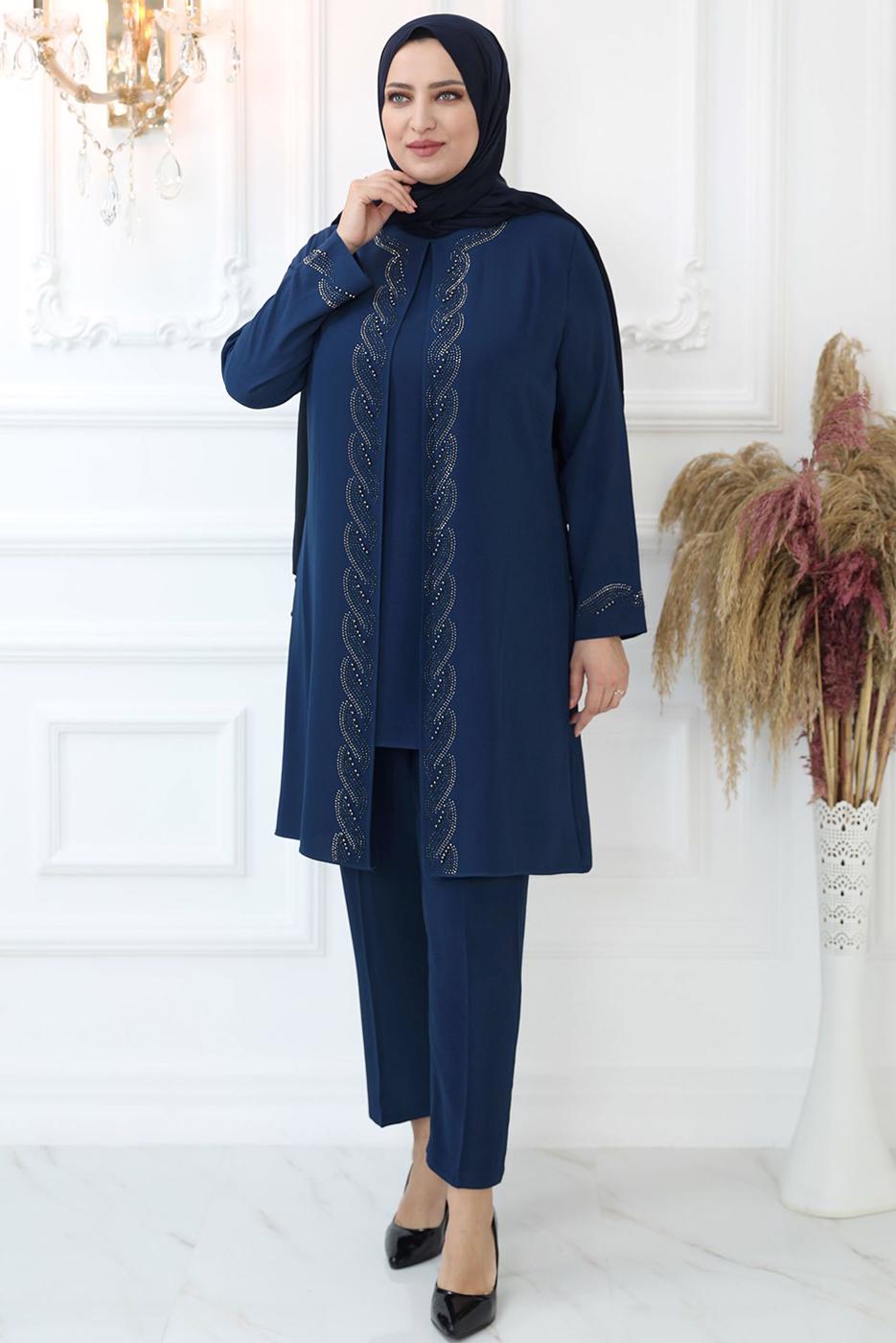 Tesettür giyim LACİVERT TAŞ İŞLEMELİ BELİ LASTİKLİ PANTOLONLU TAKIM T 3521