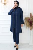 Tesettür giyim LACİVERT TAŞ İŞLEMELİ BELİ LASTİKLİ PANTOLONLU TAKIM T 3521