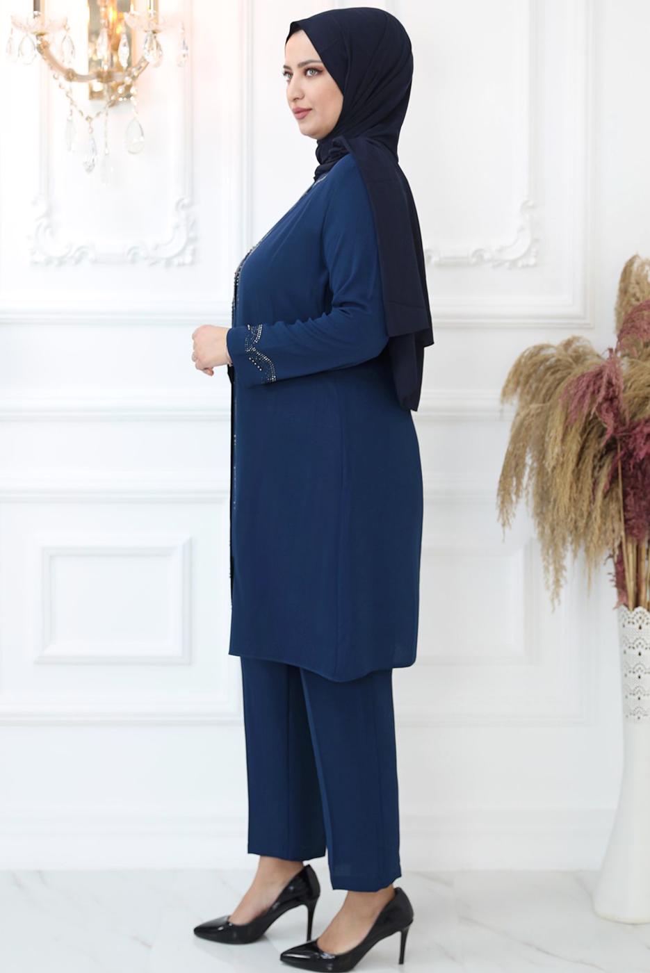 Tesettür giyim LACİVERT TAŞ İŞLEMELİ BELİ LASTİKLİ PANTOLONLU TAKIM T 3521