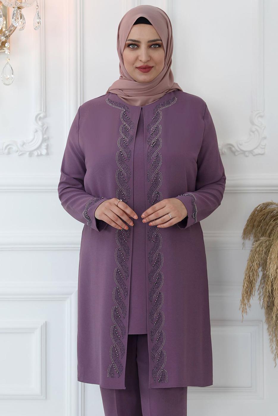 Tesettür giyim MOR TAŞ İŞLEMELİ BELİ LASTİKLİ PANTOLONLU TAKIM T 3521