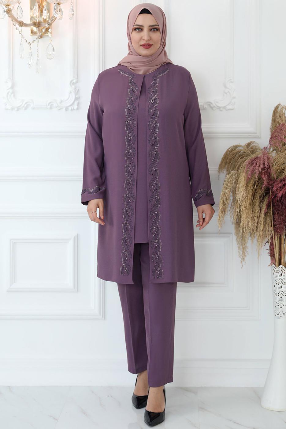 Tesettür giyim MOR TAŞ İŞLEMELİ BELİ LASTİKLİ PANTOLONLU TAKIM T 3521